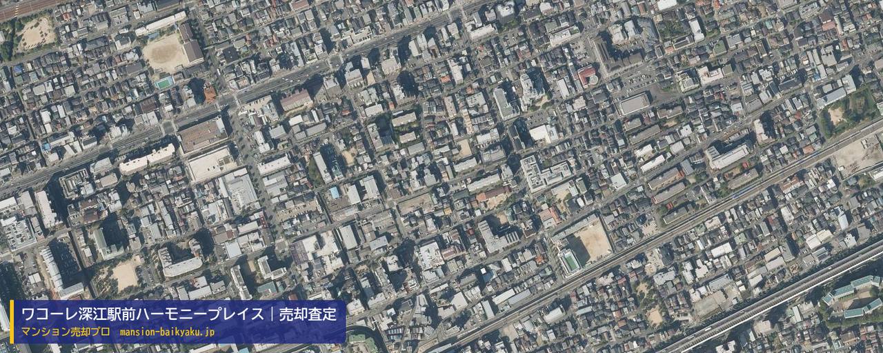 ワコーレ深江駅前ハーモニープレイスの売却査定・買取価格｜神戸市東灘区深江北町（マンション売却プロ作成の航空写真（町の中心））