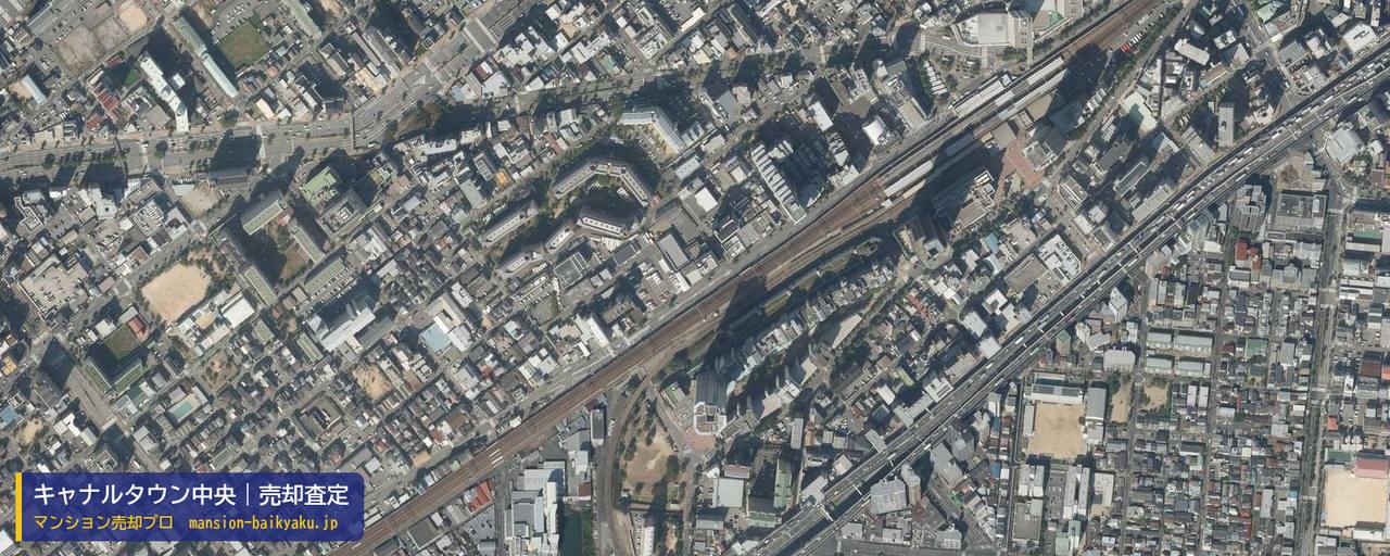 キャナルタウン中央の売却査定・買取価格｜神戸市兵庫区駅南通（マンション売却プロ作成の航空写真（町の中心））