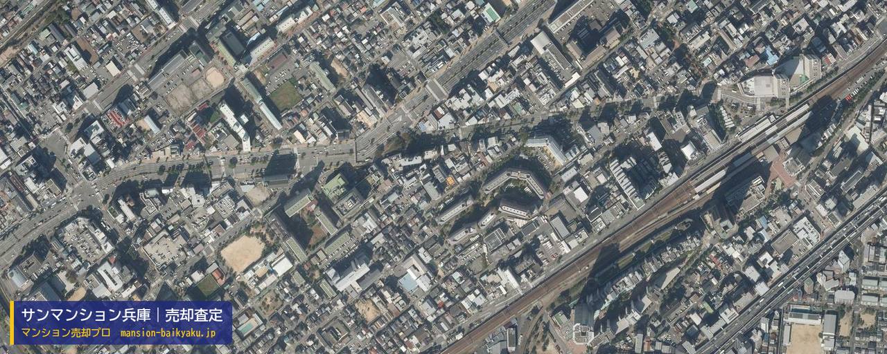 サンマンション兵庫の売却査定・買取価格｜神戸市兵庫区駅前通（マンション売却プロ作成の航空写真（町の中心））