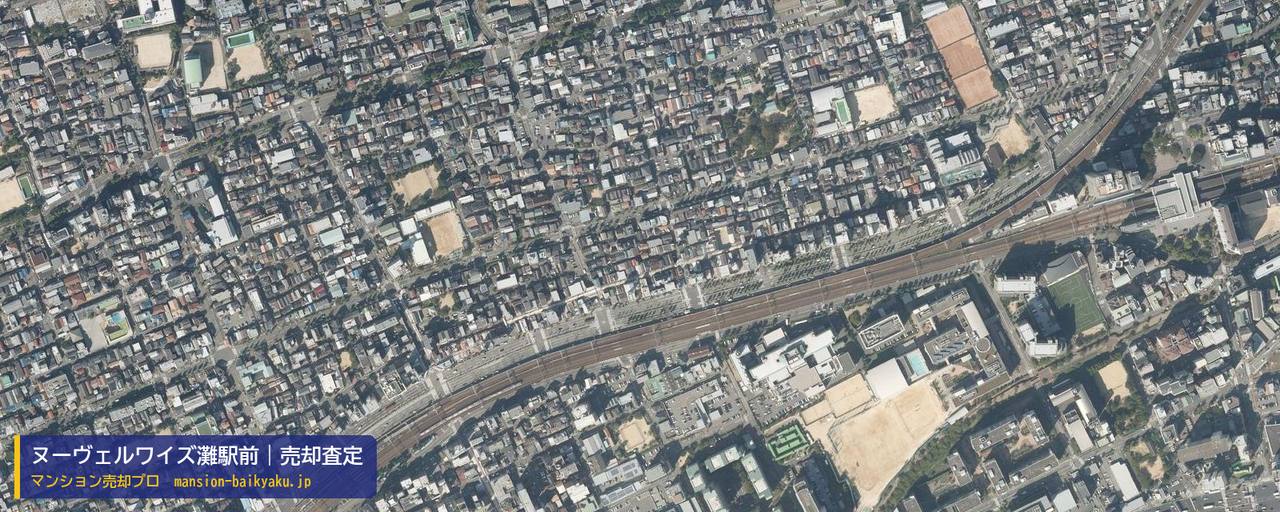 ヌーヴェルワイズ灘駅前の売却査定・買取価格｜神戸市中央区割塚通（マンション売却プロ作成の航空写真（町の中心））