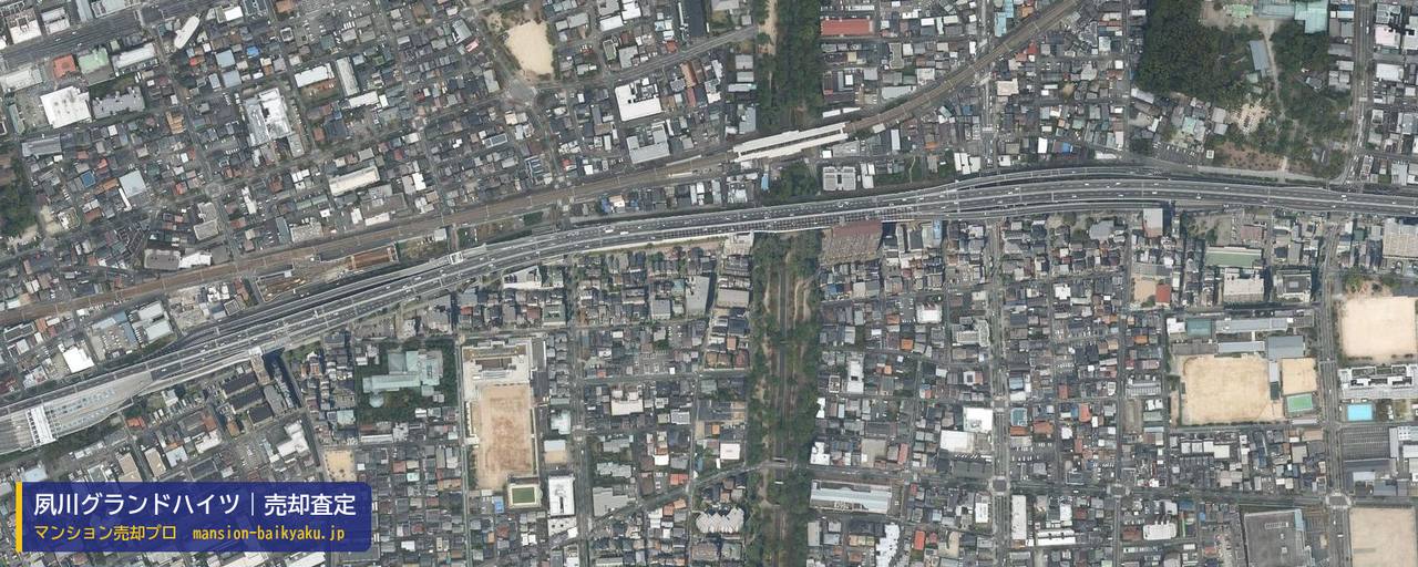 夙川グランドハイツの売却査定・買取価格｜西宮市川東町（マンション売却プロ作成の航空写真（町の中心））