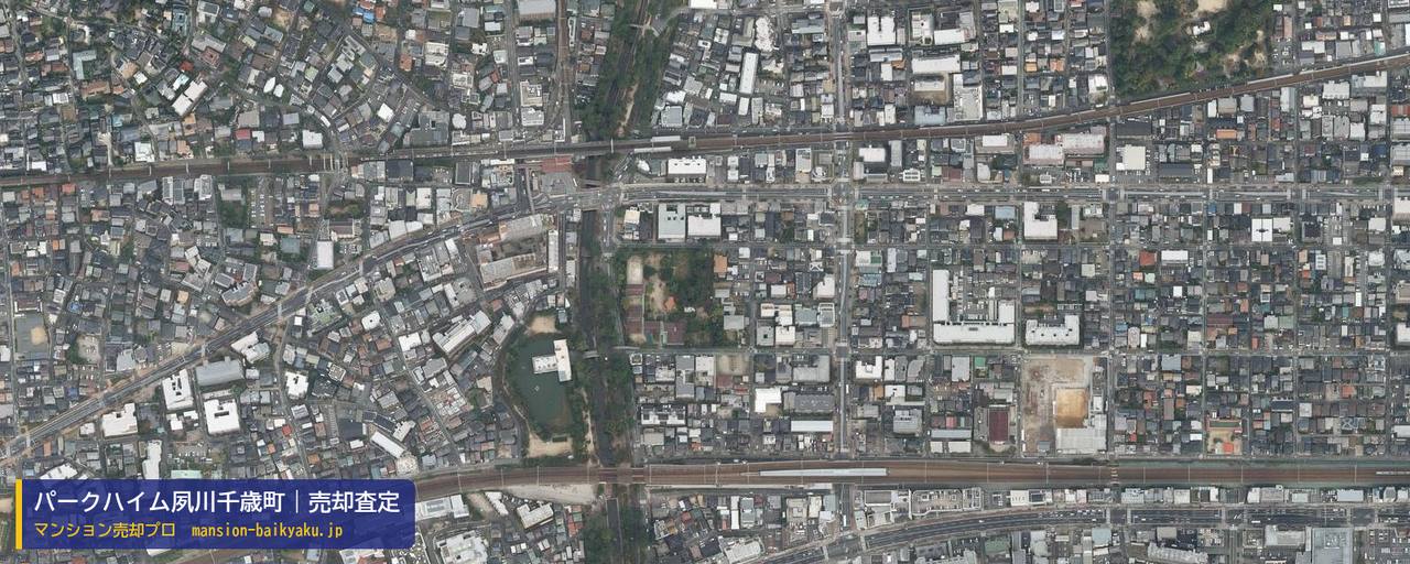 パークハイム夙川千歳町の売却査定・買取価格｜西宮市千歳町（マンション売却プロ作成の航空写真（町の中心））