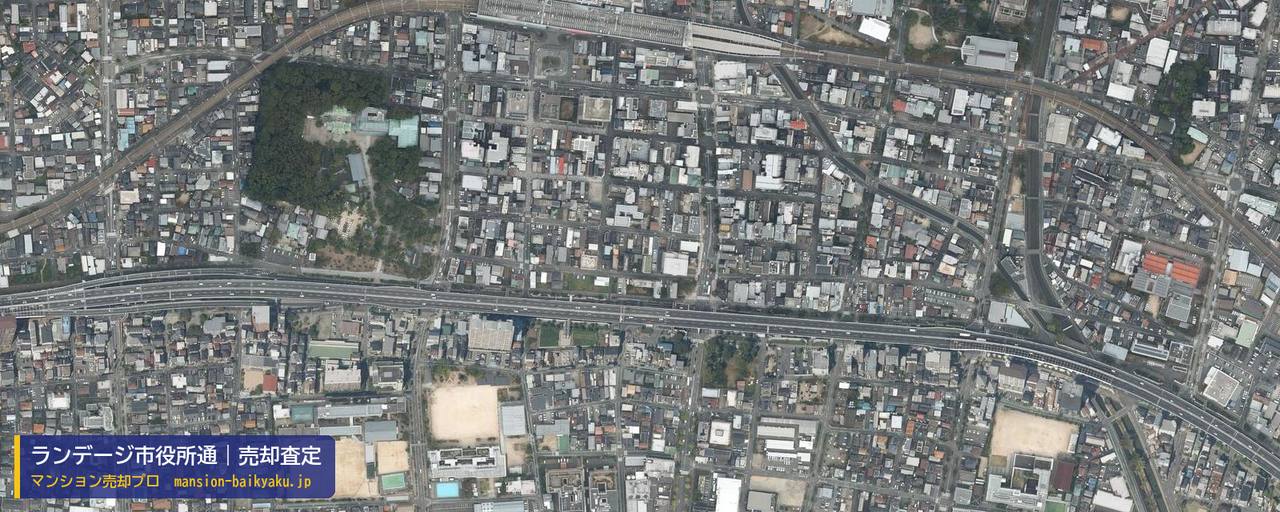 ランデージ市役所通の売却査定・買取価格｜西宮市本町（マンション売却プロ作成の航空写真（町の中心））
