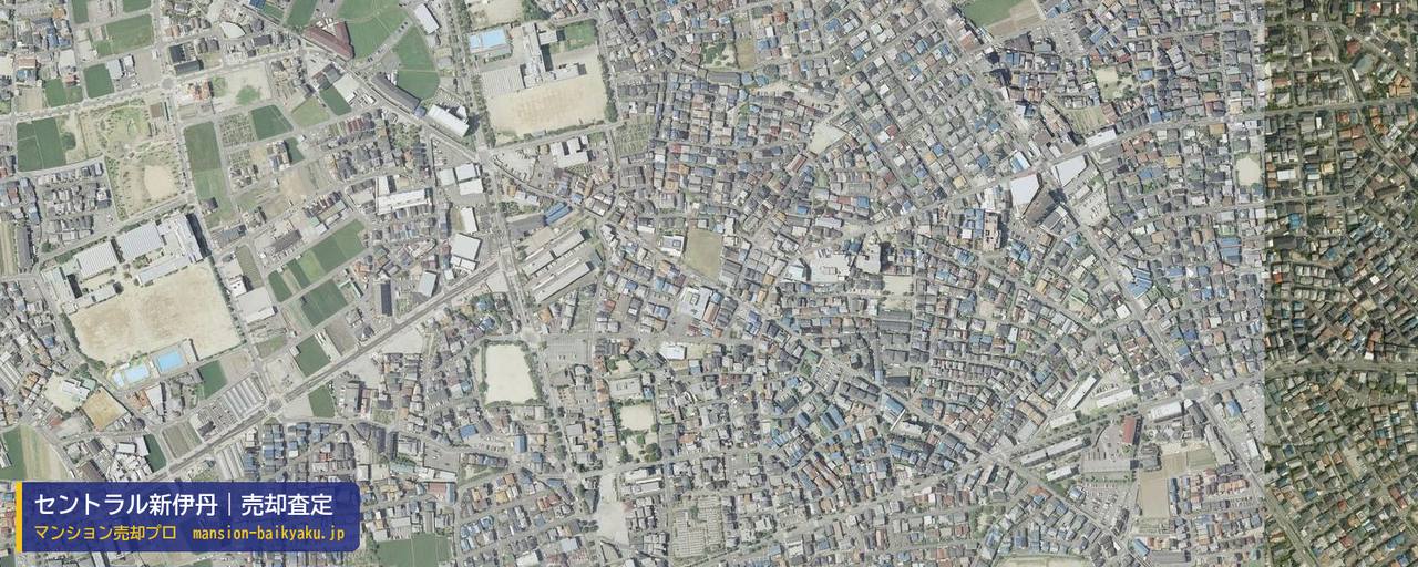 セントラル新伊丹の売却査定・買取価格｜伊丹市美鈴町（マンション売却プロ作成の航空写真（町の中心））