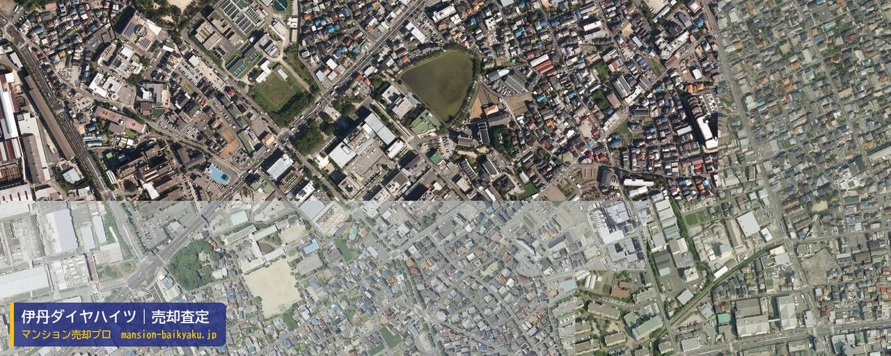 伊丹ダイヤハイツの売却査定・買取価格｜伊丹市千僧（マンション売却プロ作成の航空写真（町の中心））