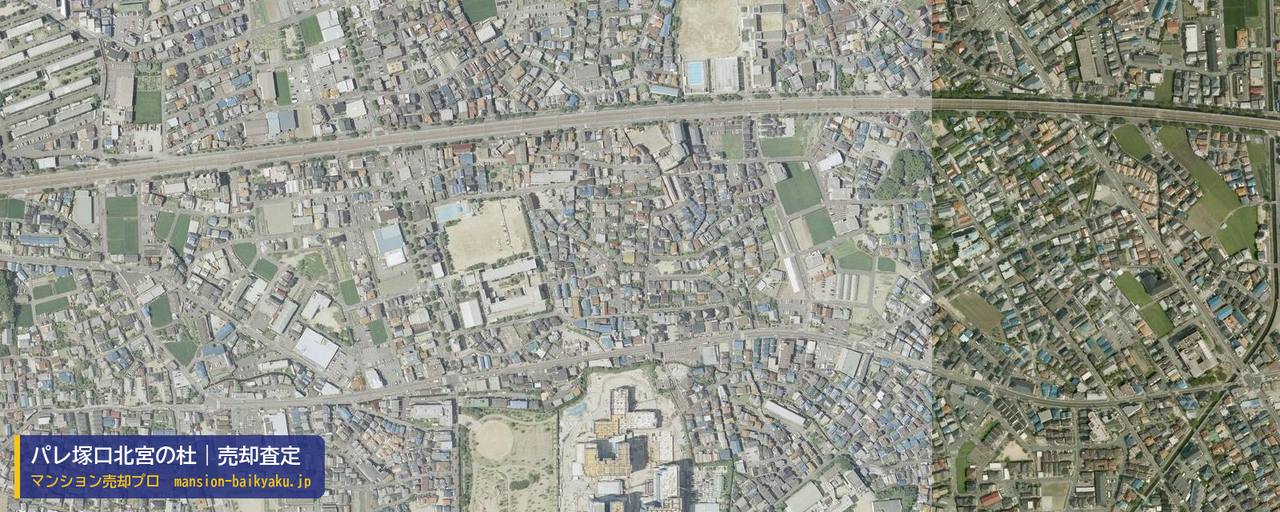 パレ塚口北宮の杜の売却査定・買取価格｜伊丹市南野（マンション売却プロ作成の航空写真（町の中心））