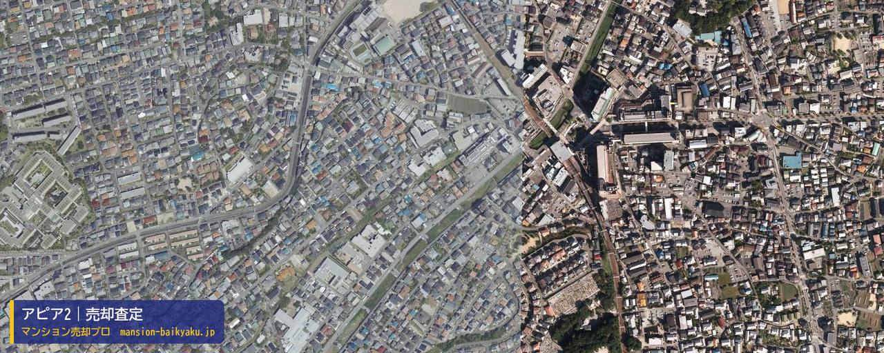 アピア2の売却査定・買取価格｜宝塚市逆瀬川（マンション売却プロ作成の航空写真（町の中心））