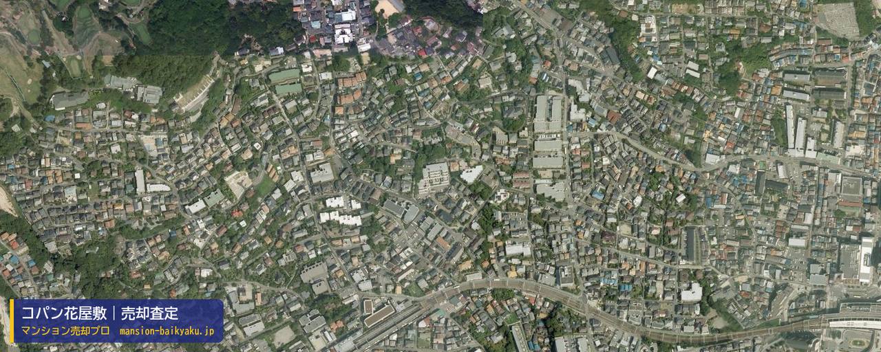 コパン花屋敷の売却査定・買取価格｜川西市花屋敷（マンション売却プロ作成の航空写真（町の中心））