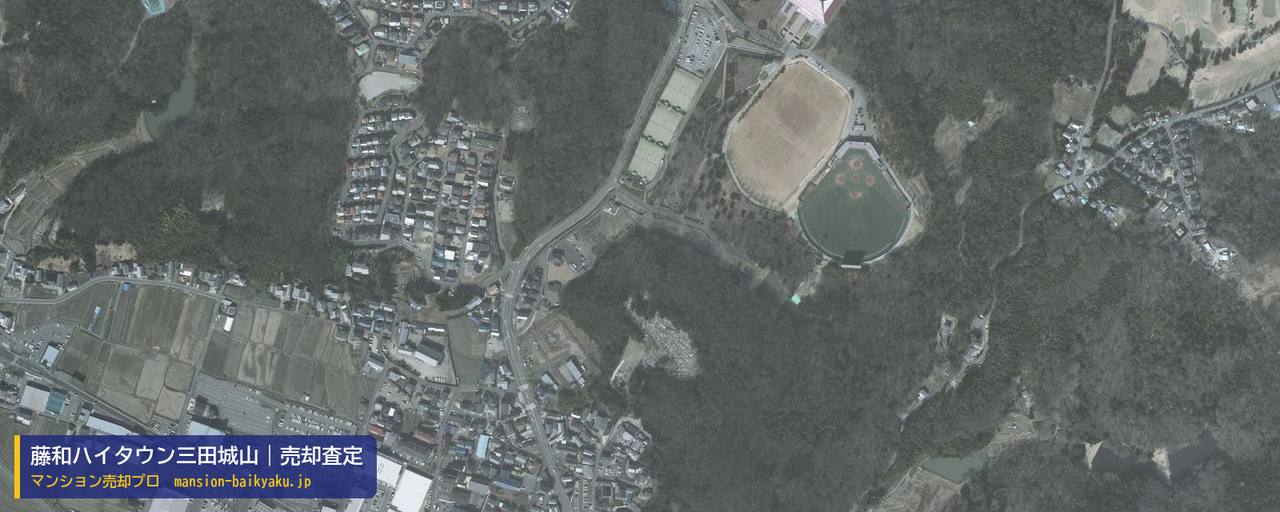 藤和ハイタウン三田城山の売却査定・買取価格｜三田市三輪（マンション売却プロ作成の航空写真（町の中心））