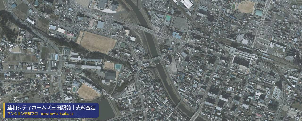 藤和シティホームズ三田駅前の売却査定・買取価格｜三田市中央町（マンション売却プロ作成の航空写真（町の中心））