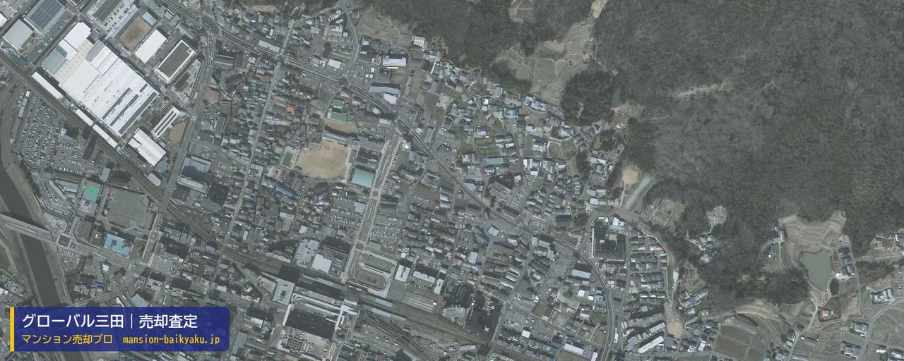 グローバル三田の売却査定・買取価格｜三田市高次（マンション売却プロ作成の航空写真（町の中心））