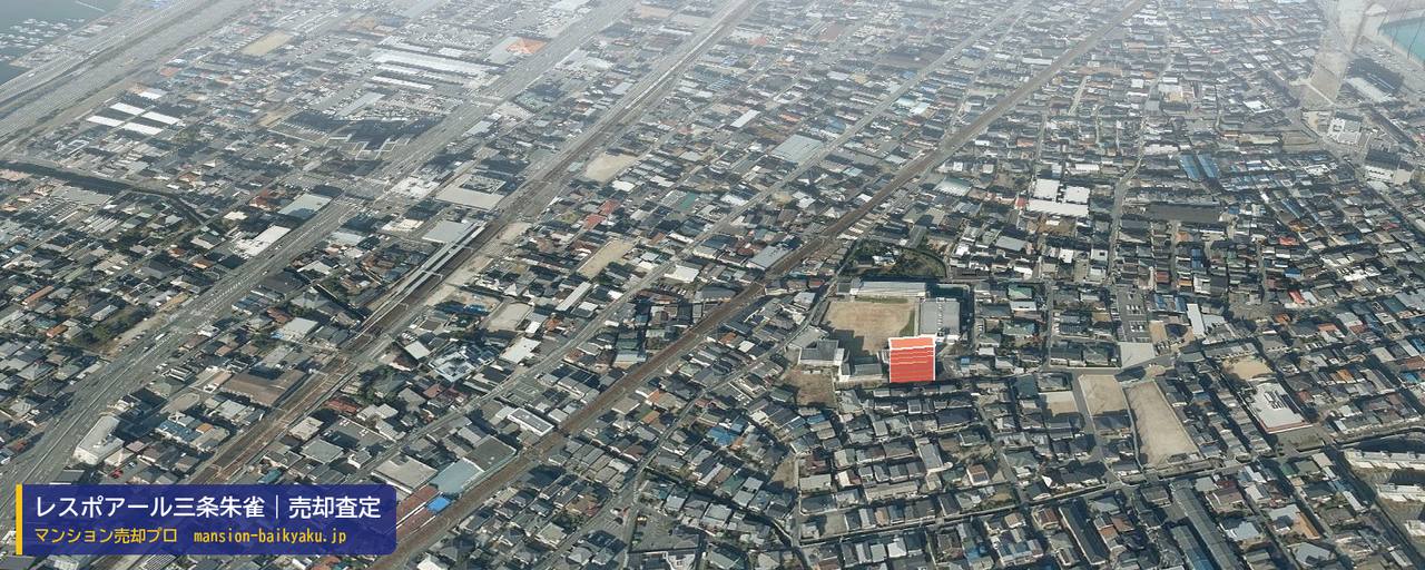 レスポアール三条朱雀の売却査定・買取価格｜京都市中京区西ノ京東月光町（マンション売却プロ作成の建物を立体で示した航空写真）