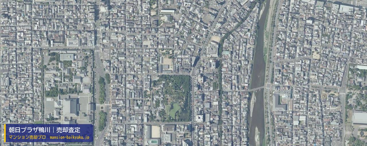 朝日プラザ鴨川の売却査定・買取価格｜京都市下京区菊浜学区（マンション売却プロ作成の航空写真（町の中心））