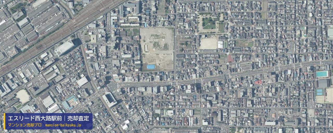 エスリード西大路駅前の売却査定・買取価格｜京都市南区唐橋西平垣町（マンション売却プロ作成の航空写真（町の中心））