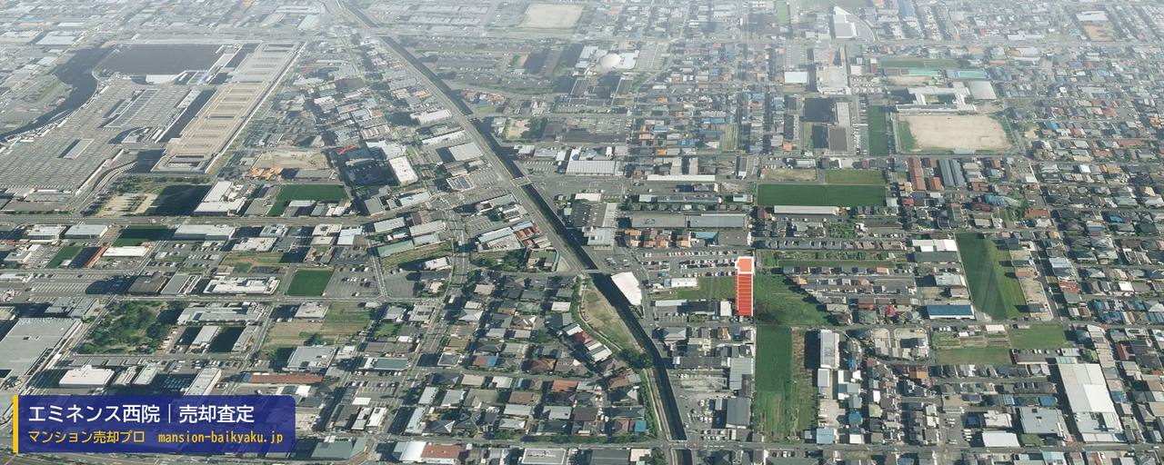 エミネンス西院の売却査定・買取価格｜京都市右京区西院平町（マンション売却プロ作成の建物を立体で示した航空写真）