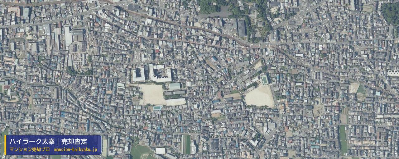 ハイラーク太秦の売却査定・買取価格｜京都市右京区太秦蜂岡町（マンション売却プロ作成の航空写真（町の中心））