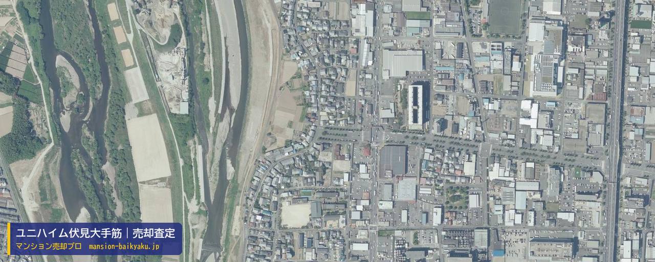 ユニハイム伏見大手筋の売却査定・買取価格｜京都市伏見区下鳥羽広長町（マンション売却プロ作成の航空写真（町の中心））