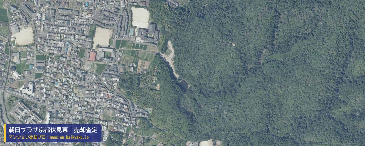 朝日プラザ京都伏見東の売却査定・買取価格｜京都市伏見区日野西風呂町（マンション売却プロ作成の航空写真（町の中心））