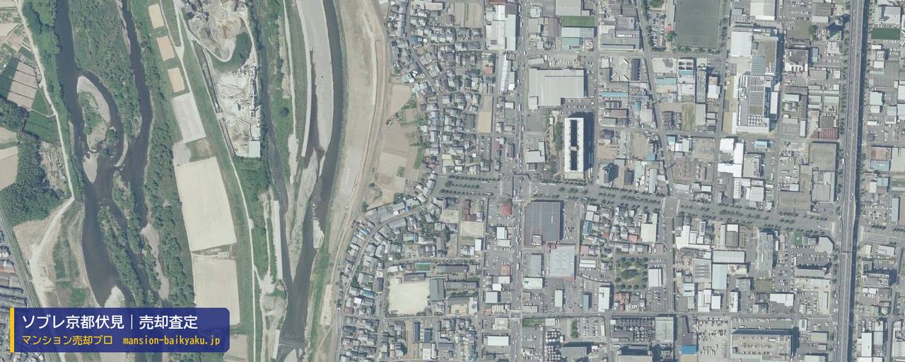 ソブレ京都伏見の売却査定・買取価格｜京都市伏見区下鳥羽南円面田町（マンション売却プロ作成の航空写真（町の中心））