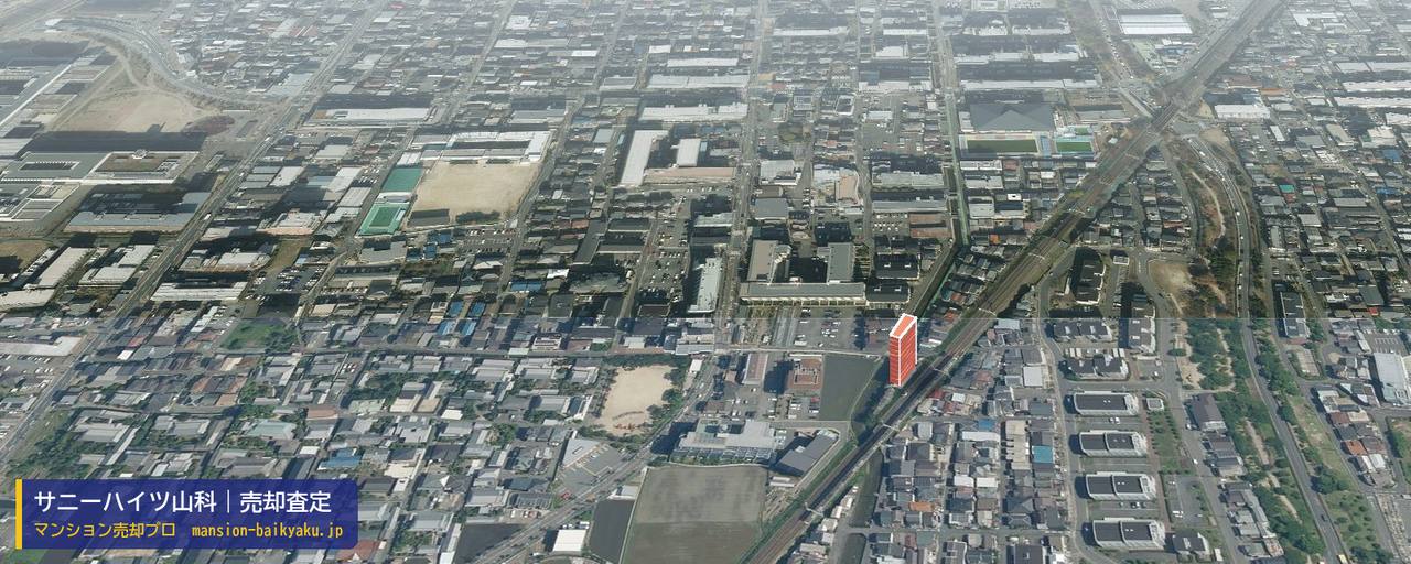 サニーハイツ山科の売却査定・買取価格｜京都市山科区東野片下リ町（マンション売却プロ作成の建物を立体で示した航空写真）
