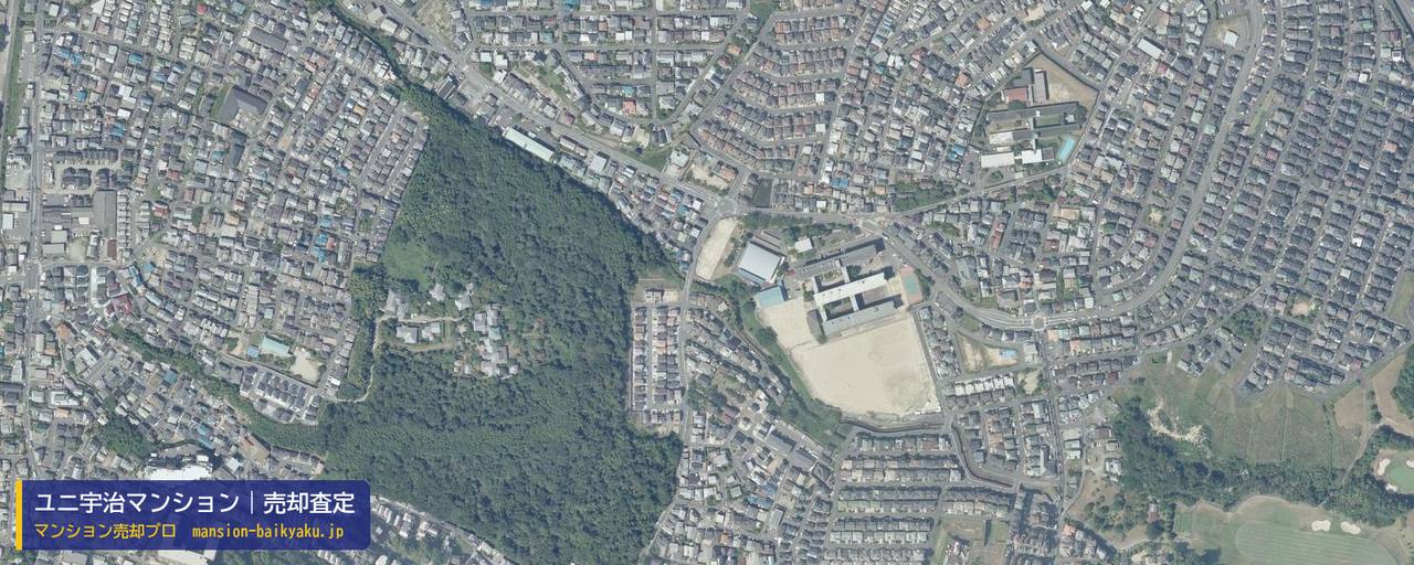 ユニ宇治マンションの売却査定・買取価格｜宇治市木幡（マンション売却プロ作成の航空写真（町の中心））