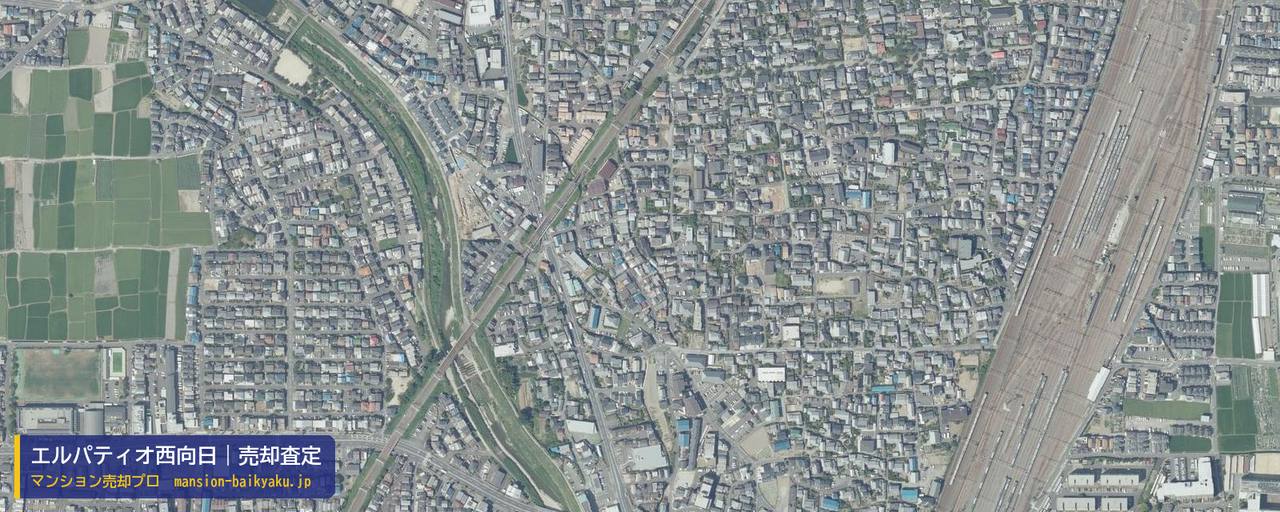 エルパティオ西向日の売却査定・買取価格｜向日市上植野町（マンション売却プロ作成の航空写真（町の中心））