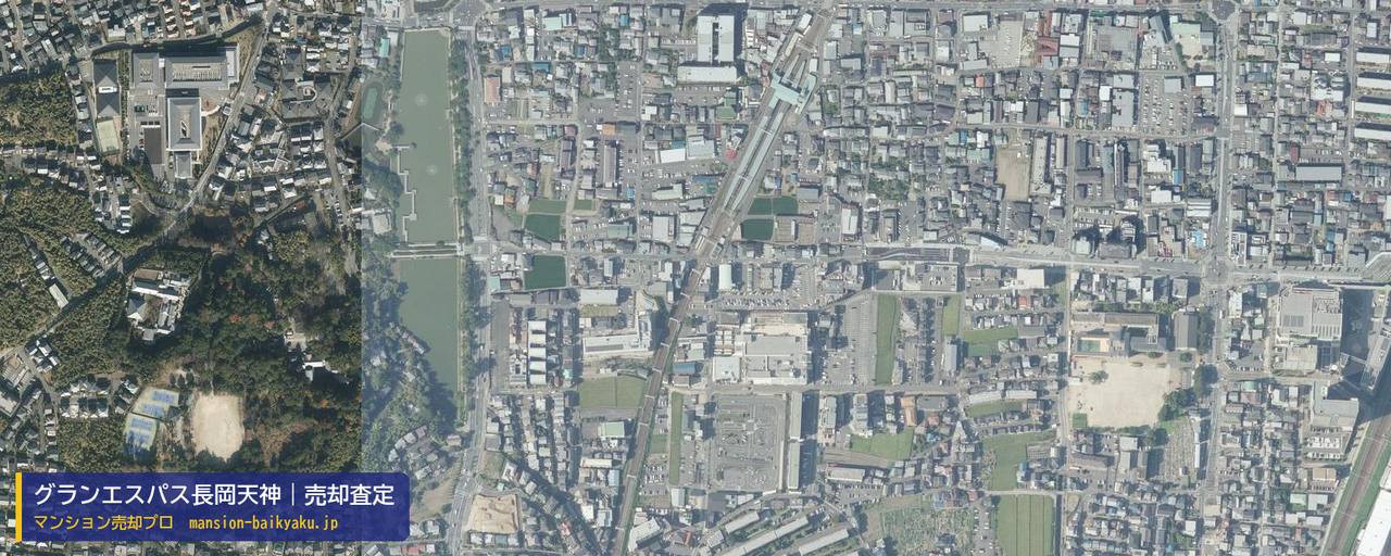 グランエスパス長岡天神の売却査定・買取価格｜長岡京市開田（マンション売却プロ作成の航空写真（町の中心））