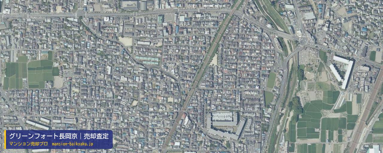 グリーンフォート長岡京の売却査定・買取価格｜長岡京市一文橋（マンション売却プロ作成の航空写真（町の中心））