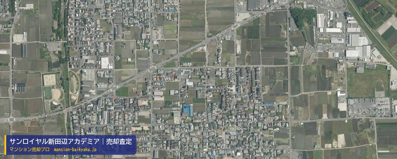 サンロイヤル新田辺アカデミアの売却査定・買取価格｜京田辺市草内鐘鉦割（マンション売却プロ作成の航空写真（町の中心））