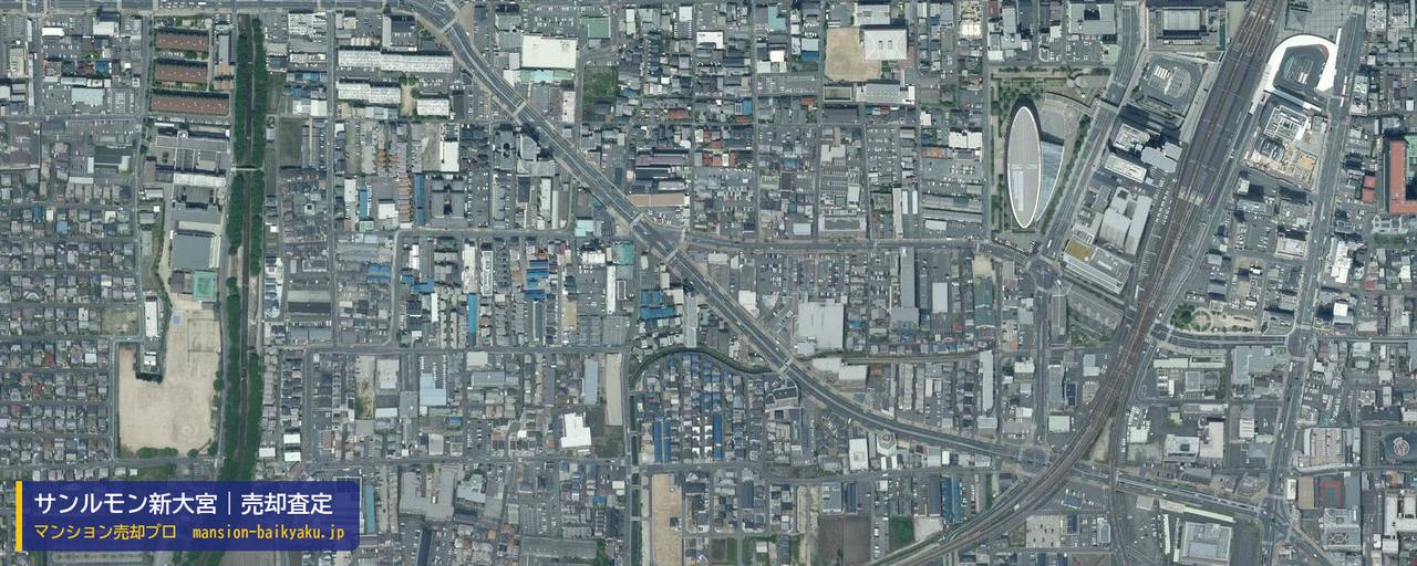 サンルモン新大宮の売却査定・買取価格｜奈良市三条大宮町（マンション売却プロ作成の航空写真（町の中心））