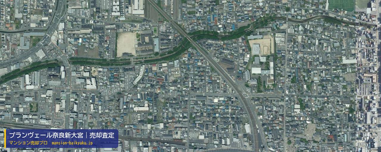 プランヴェール奈良新大宮の売却査定・買取価格｜奈良市芝辻町（マンション売却プロ作成の航空写真（町の中心））