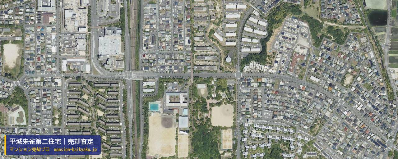 平城朱雀第二住宅の売却査定・買取価格｜奈良市朱雀（マンション売却プロ作成の航空写真（町の中心））