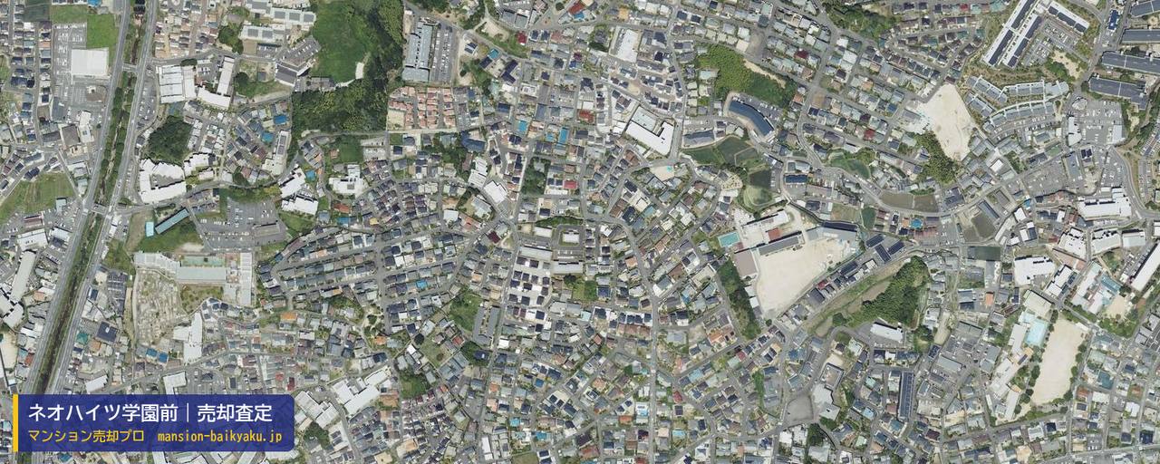 ネオハイツ学園前の売却査定・買取価格｜奈良市百楽園（マンション売却プロ作成の航空写真（町の中心））