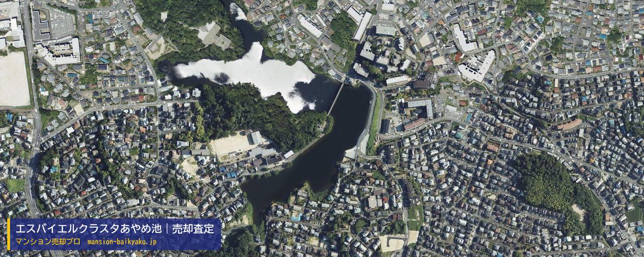 エスバイエルクラスタあやめ池の売却査定・買取価格｜奈良市あやめ池南（マンション売却プロ作成の航空写真（町の中心））