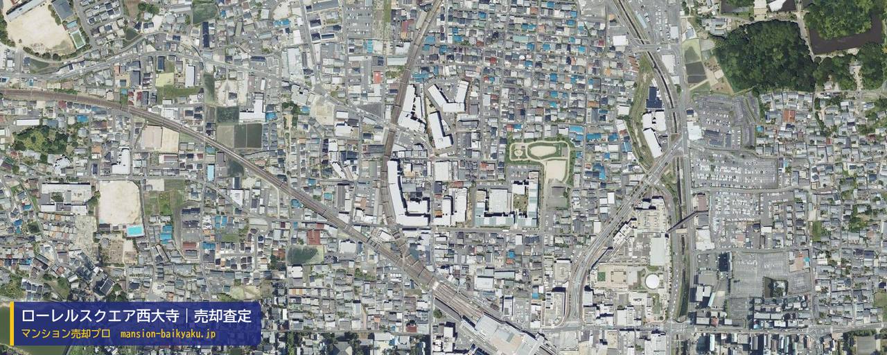 ローレルスクエア西大寺の売却査定・買取価格｜奈良市西大寺東町（マンション売却プロ作成の航空写真（町の中心））