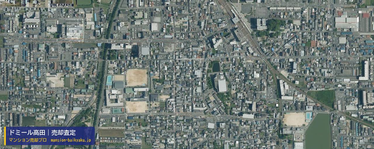 ドミール高田の売却査定・買取価格｜大和高田市本郷町（マンション売却プロ作成の航空写真（町の中心））