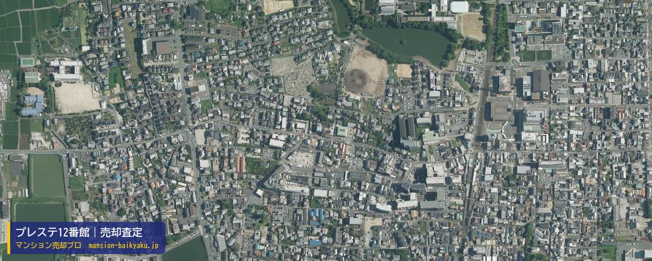 プレステ12番館の売却査定・買取価格｜大和郡山市朝日町（マンション売却プロ作成の航空写真（町の中心））