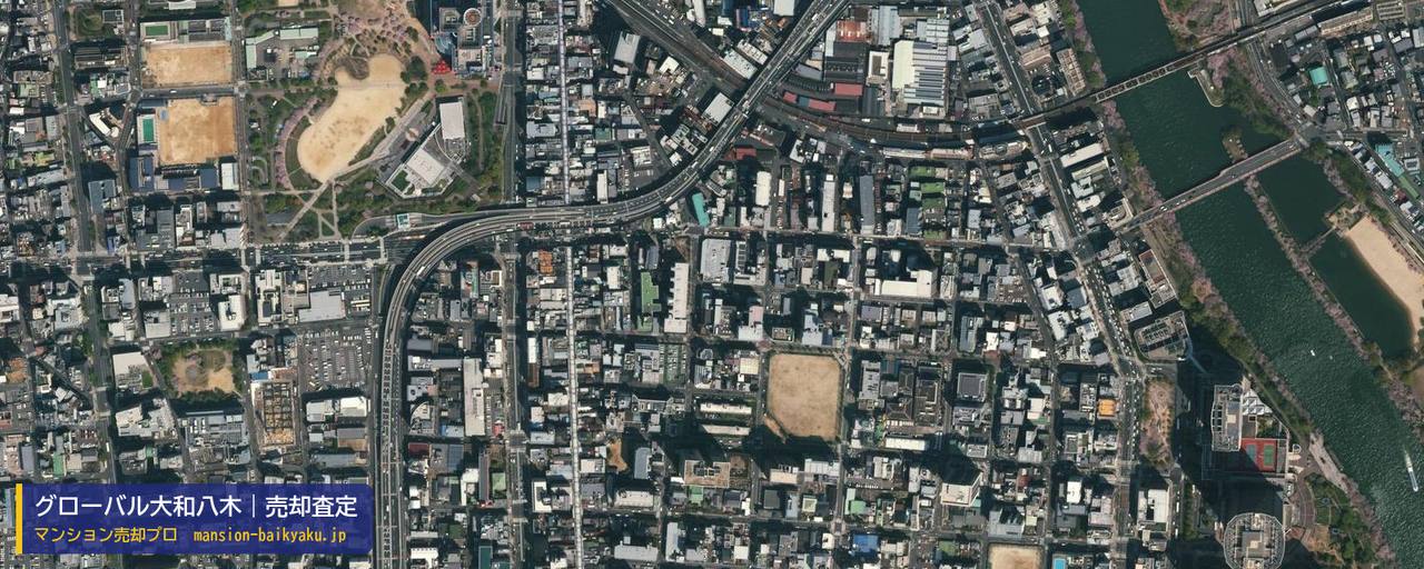 グローバル大和八木の売却査定・買取価格｜橿原市新賀町（マンション売却プロ作成の航空写真（町の中心））