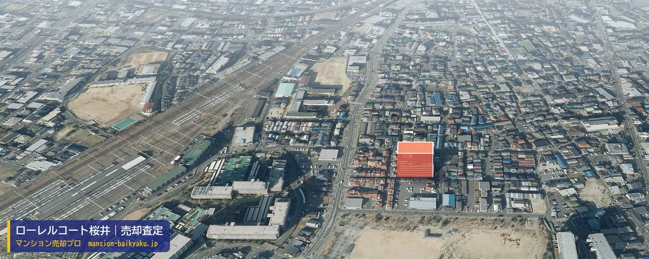 ローレルコート桜井の売却査定・買取価格｜桜井市大字桜井（マンション売却プロ作成の建物を立体で示した航空写真）