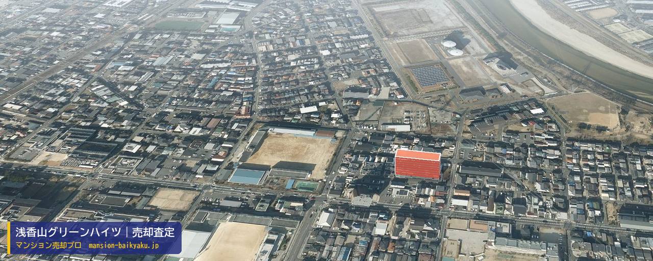 浅香山グリーンハイツの売却査定・買取価格｜堺市堺区今池町（マンション売却プロ作成の建物を立体で示した航空写真）