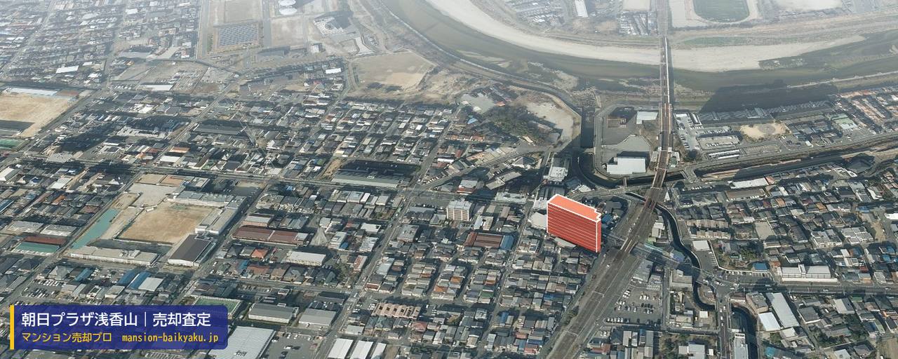 朝日プラザ浅香山の売却査定・買取価格｜堺市堺区浅香山町（マンション売却プロ作成の建物を立体で示した航空写真）