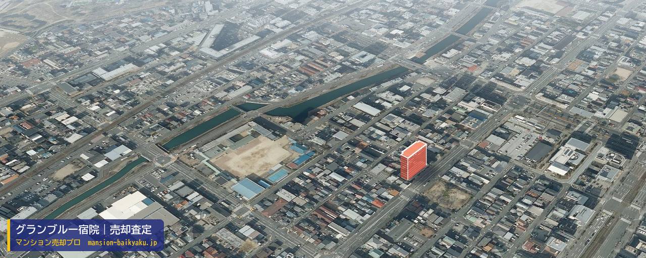 グランブルー宿院の売却査定・買取価格｜堺市堺区中之町西（マンション売却プロ作成の建物を立体で示した航空写真）