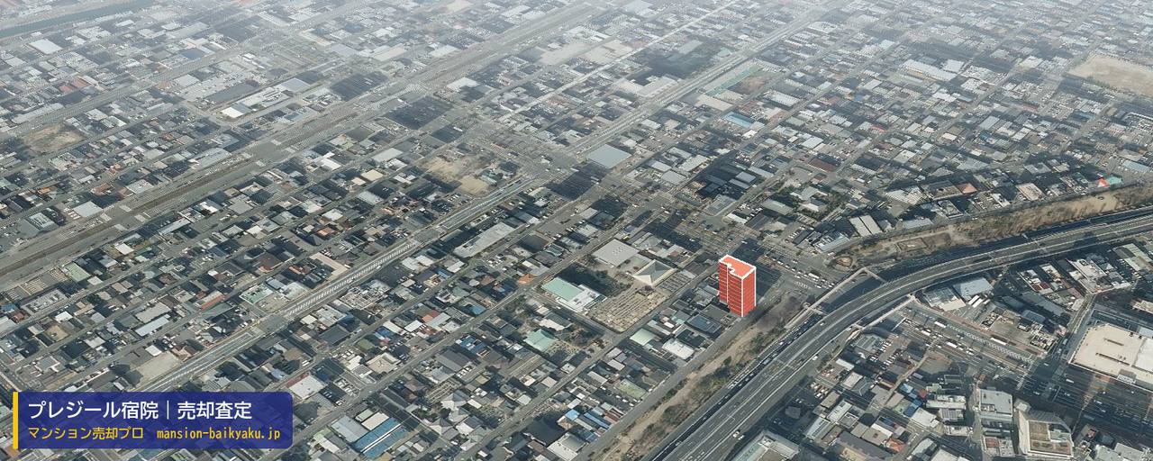プレジール宿院の売却査定・買取価格｜堺市堺区宿院町東（マンション売却プロ作成の建物を立体で示した航空写真）