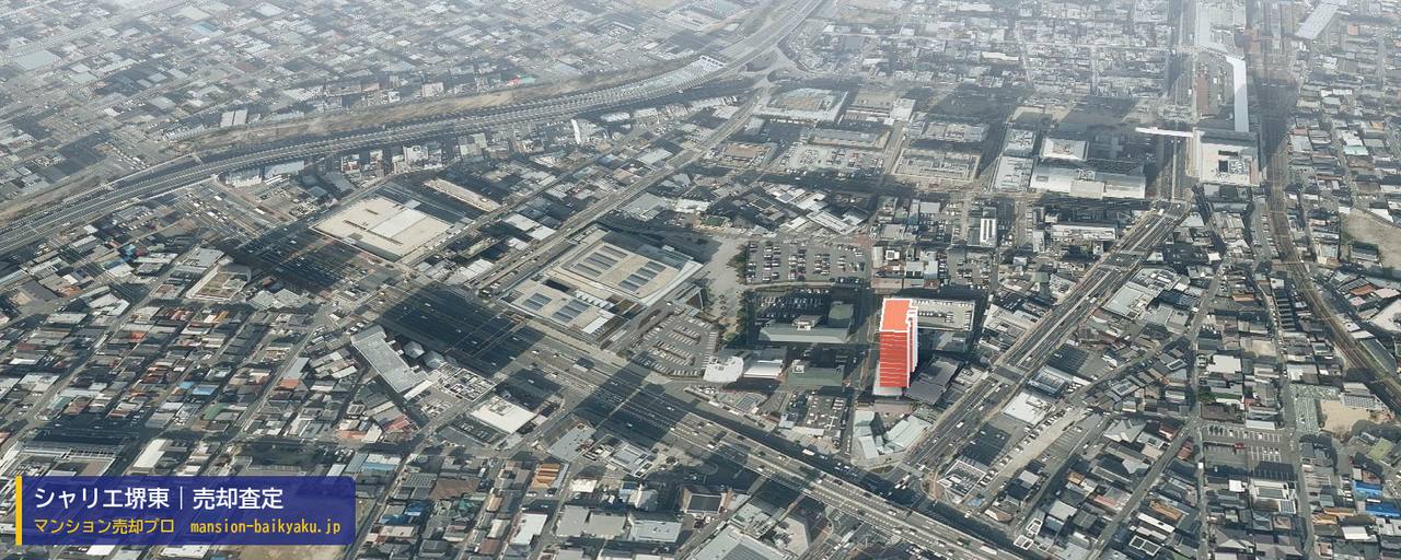 シャリエ堺東の売却査定・買取価格｜堺市堺区一条通（マンション売却プロ作成の建物を立体で示した航空写真）