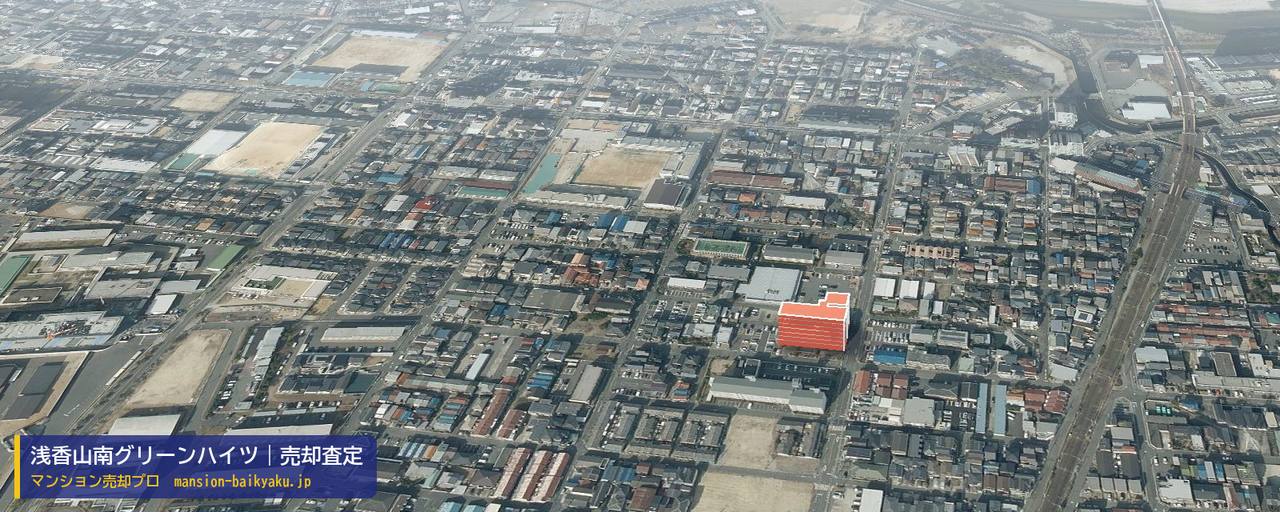浅香山南グリーンハイツの売却査定・買取価格｜堺市堺区東雲西町（マンション売却プロ作成の建物を立体で示した航空写真）