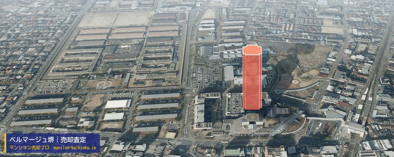 ベルマージュ堺の売却査定・買取価格｜堺市堺区田出井町（マンション売却プロ作成の建物を立体で示した航空写真）