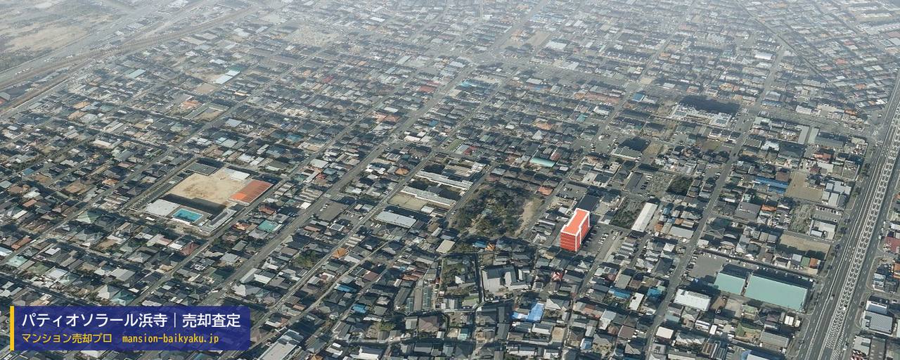 パティオソラール浜寺の売却査定・買取価格｜堺市西区浜寺元町（マンション売却プロ作成の建物を立体で示した航空写真）