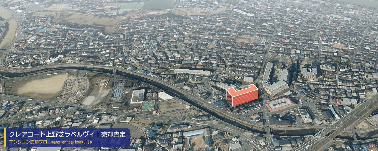 クレアコート上野芝ラベルヴィの売却査定・買取価格｜堺市西区上野芝町（マンション売却プロ作成の建物を立体で示した航空写真）