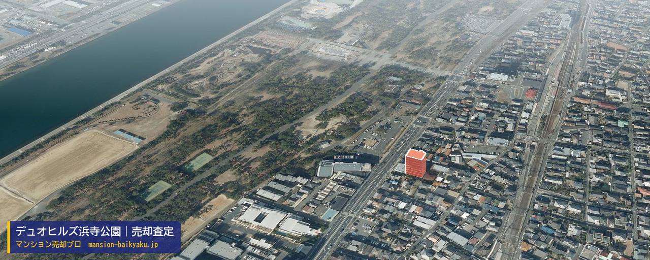 デュオヒルズ浜寺公園の売却査定・買取価格｜堺市西区浜寺公園町（マンション売却プロ作成の建物を立体で示した航空写真）