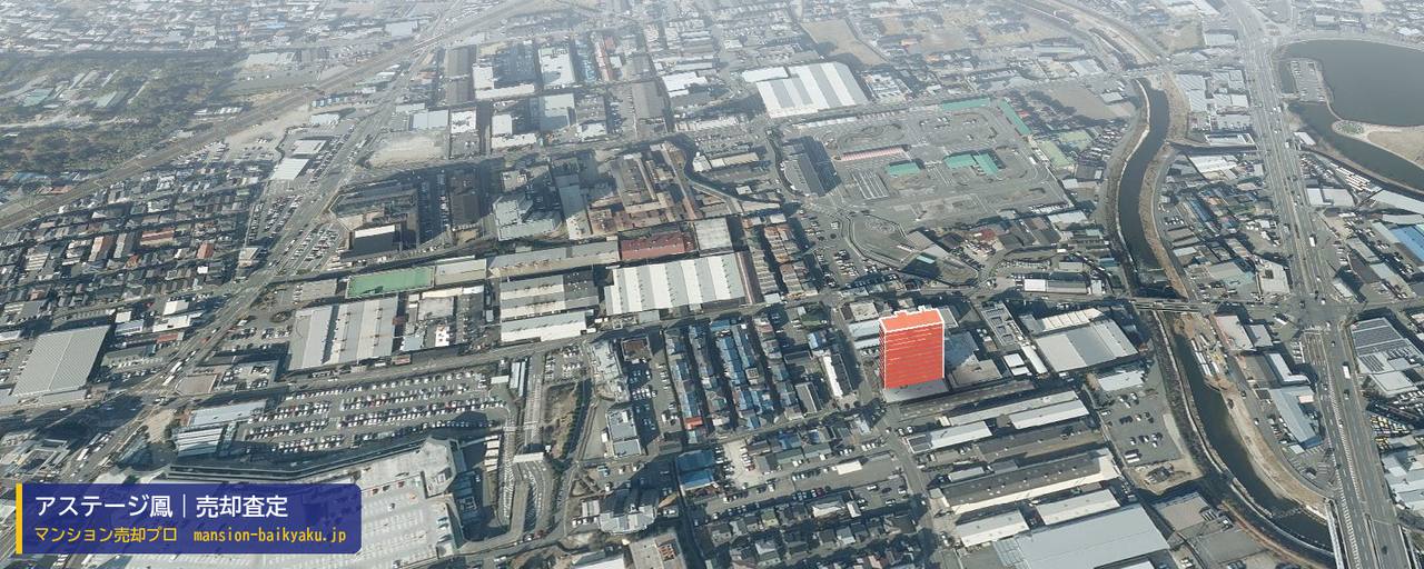 アステージ鳳の売却査定・買取価格｜堺市西区平岡町（マンション売却プロ作成の建物を立体で示した航空写真）